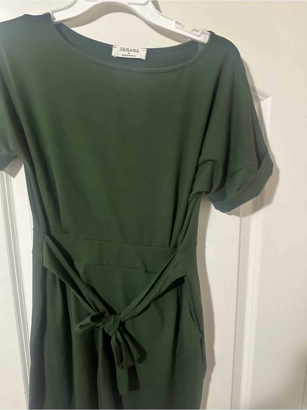 Zenana Outfitters Dark Olive Tie-Front Short Sleeve Dress
